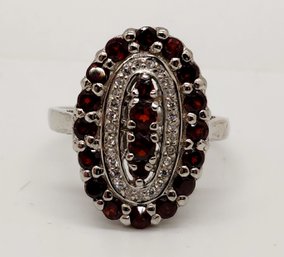 Red Garnet, White Zircon Ring In Platinum Over Sterling