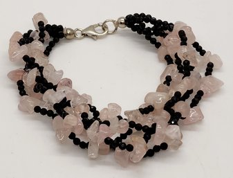 Rose Quartz, Black Spinel, Multi-row Bracelet In Sterling