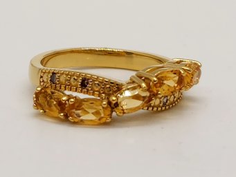 Yellow Citrine With Round Champagne Diamonds, 18k Yellow Gold Over Sterling Ring