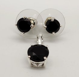 Thai Black Spinel Solitaire Pendant & Stud Earrings In Sterling