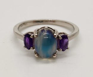 Aurora Moonstone, Lusaka Amethyst 3 Stone Ring In Platinum Over Sterling