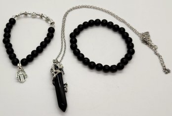 Black Agate Pendant & 2 Beaded Stretch Bracelets In Silvertone With Stainless Necklace