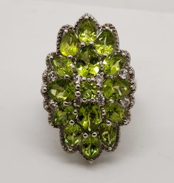 Premium Peridot, White Zircon Floral Ring In Platinum Over Sterling