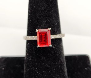 Padparadscha Sapphire, Moissanite Ring In Platinum Over Sterling