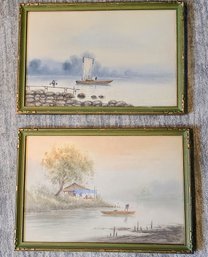 Pair Of Asian Vintage Or Antique? Watercolor Boating Scenes