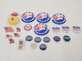 Assorted Vintage United States Flags, 911 Twin Towers & Political Buttons / Pinbacks