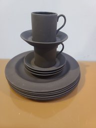 Group Of Black Wedgewood Stoneware With Demitasse Cups And Saucers