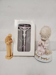 New Malco Porcelain Crucifix, Sankyo Working Little Girl Praying Music Box & St. Francis Vintage Figurine