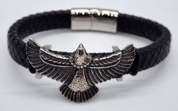 Black Leather Cord & Stainless Steel Eagle Bracelet