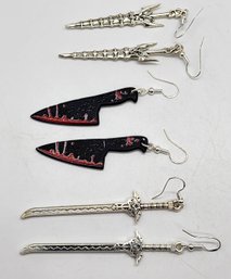 3 Pair Of Handcrafted Bloody Knife & Sword Earrings With Sterling Ear Wires