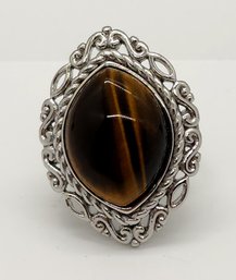 Large Tigers Eye Ring In Rhodium Over Sterling