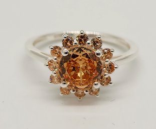 Faux Champagne Diamond Sunburst Ring In Sterling