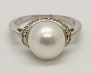 White Freshwater Pearl, Faux Diamond Ring In Rhodium Over Sterling