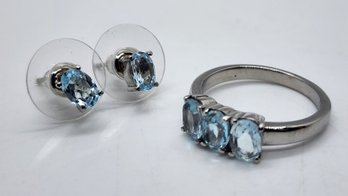 Sky Blue Topaz 3 Stone Ring & Stud Earrings In Stainless