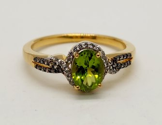 Peridot, White & Champagne Zircon Ring In Yellow Gold Over Sterling