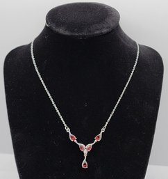 Red Garnet, White Zircon Necklace In Stainless With Magnetic Clasp