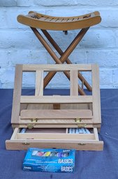 Table Top Easel, Small Stool And Art Supplies