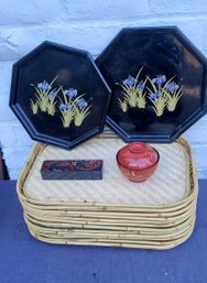 Black Lacquer Box By Marcella Borghese Paired With Bamboo And Floral Trays And Red Bowl With Lid