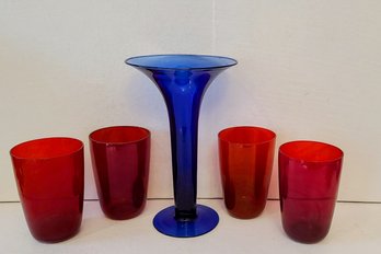 Cobalt Blue Vase Paired With Four Red Glasses