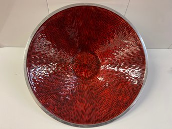 Red Enameled Decorator Bowl With Silvered Metal Exterior