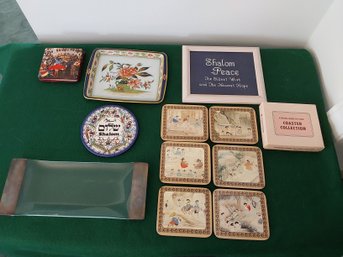 MIXED LOT COASTERS, GLASS TRAY, SHALOM PICTURE AND MORE