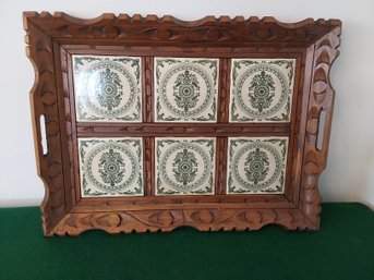 NICE VINTAGE  WOODEN SERVING TRAY WITH NICE DECORATIVE TILES
