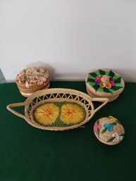 4 DECORATIVE BASKETS AND COVERED CONTAINERS WICKER