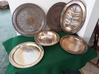 6 PIECE METAL WARE, SILVER PLATED PLATTERS AND BOWL