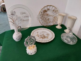 8 PIECES SILVER AND  GOLDEN WEDDING ANNIVERSARY GLASS AND LENOX GIFTS