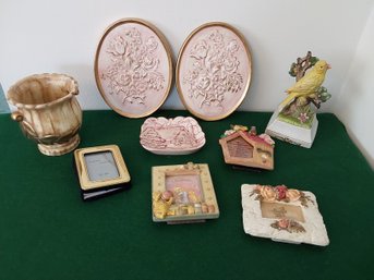 9 PIECE MISC. LOT BIRD FIGURINE, 2 CERAMIC WALL PLAQUES, 4 FRAMES AND MORE