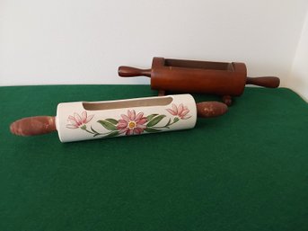 2 VINTAGE ROLLING PIN PLANTERS 1 CERAMIC AND 1 WOODEN