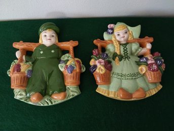 HAND PAINTED ADORABLE CERAMIC DUTCH BOY AND GIRL WALL PLAQUES