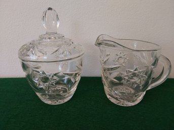 3 PIECE VINTAGE GLASS  SET CREAMER AND COVERED SUGAR BOWL