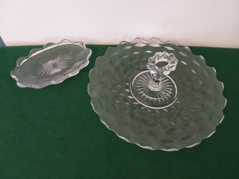 VINTAGE GLASS SERVING PLATE/PLATTER WITH CENTER HANDLE AND SMALL GLASS DISH