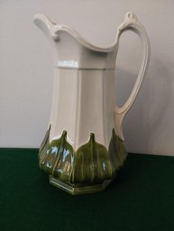 VINTAGE HAND PAINTED LARGE CERAMIC PITCHER WITH BOTTOM LEAF PATTERN