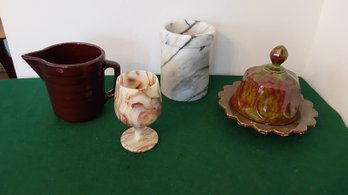 MISC LOT OF VINTAGE THINGS USA BROWN PITCHER LOT, WINE COOLER AND MORE