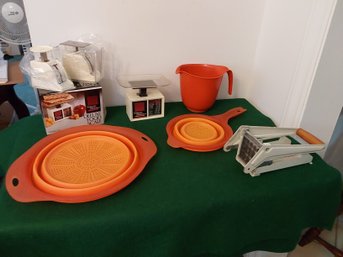 MISC. KITCHENWARE LOTS, SCALES, STRAINERS AND FRENCH FRY CUTTER