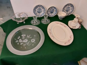MISC. LOT PLATTERS, CUP AND SAUCERS, CERAMIC FIGURINE AND CANDLE STICK HOLDERS