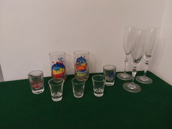MISC. GLASSES SHOT GLASSES, CHAMPANGNE GLASSES AND VINTAGE DIET PEPSI GLASSES