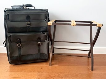 A Vintage Luggage Rack And Large Leather Trimmed Rolling Suitcase By Ralph Lauren