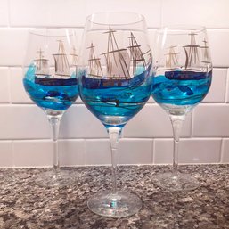 A Trio Of Hand Painted Wine Goblets