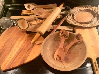 A Collection Of Kitchen Wood Utensils, Tools, And Wares