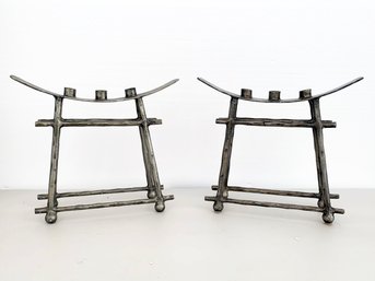 A Pair Of Vintage Art Metal Saddle Stool Candelabras