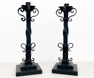 A Pair Of Large Vintage Wrought Iron Candlesticks