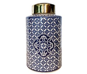 A Ceramic Transfer Ware Canister With Brass Lid