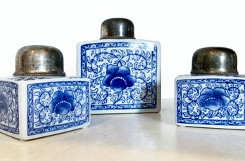 A Set Of 3 Chinese Transfer Ware Canisters With Brass Lids