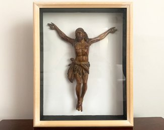 An Antique Carved Wood Christ Figure, In Protective Shadow Box Frame