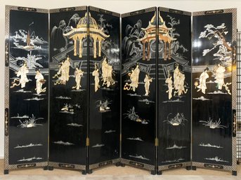 An Antique Chinese (Macao) Lacquered Dressing Screen - Double Sided - Gilt, Then Mother Of Pearl Inlay