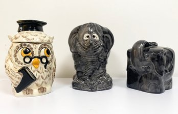 A Trio Of Vintage Own And Elephant Ceramics By Lovina And Rumona