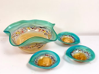 Handblown Art Glass Serving Bowls, Large And Small